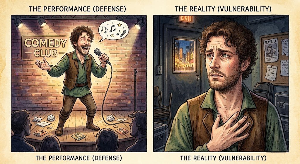 An illustration showing how humor as a defense mechanism in therapy hides deeper emotional truth behind a mask.